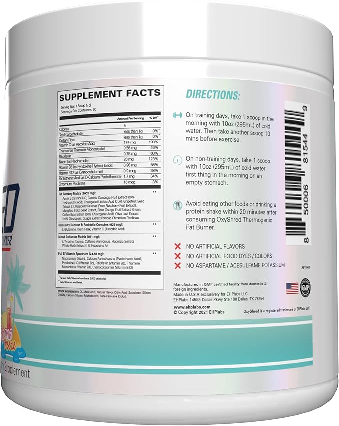 EHP Labs OxyShred Pre Workout Powder - Preworkout Powder with L Glutamine &amp Acetyl L Carnitine Energy Boost Drink - Bahama Breeze/Beach 60 Servings