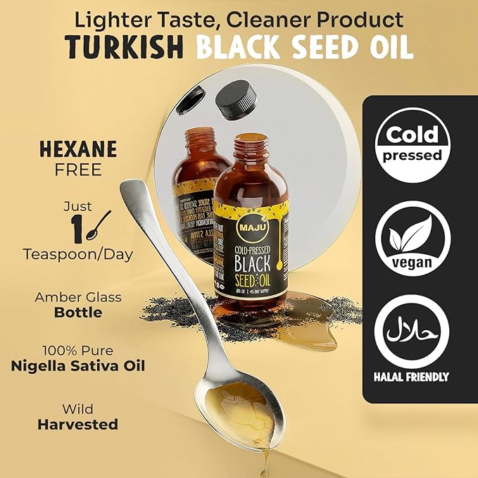 MAJU Black Seed Oil - 3 Times Thymoquinone Cold-Pressed 100% Turkish Black Cumin Seed Oil Liquid Pure Blackseed Glass Bottle 8 oz