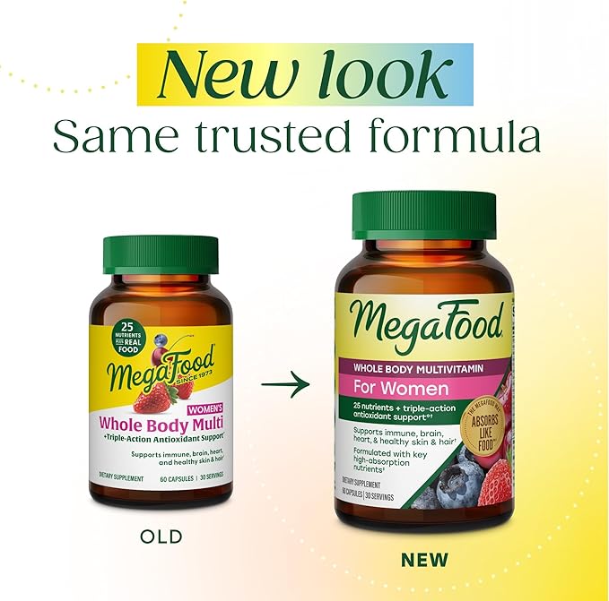 MegaFood Whole Body Womens Multivitamin - Multivitamin for Women - Vitamin D3 K2 Magnesium Citrate Folate Biotin Iron - Brain Heart Skin &amp Hair &amp Immune Support - 60 Capsules 30 Serving