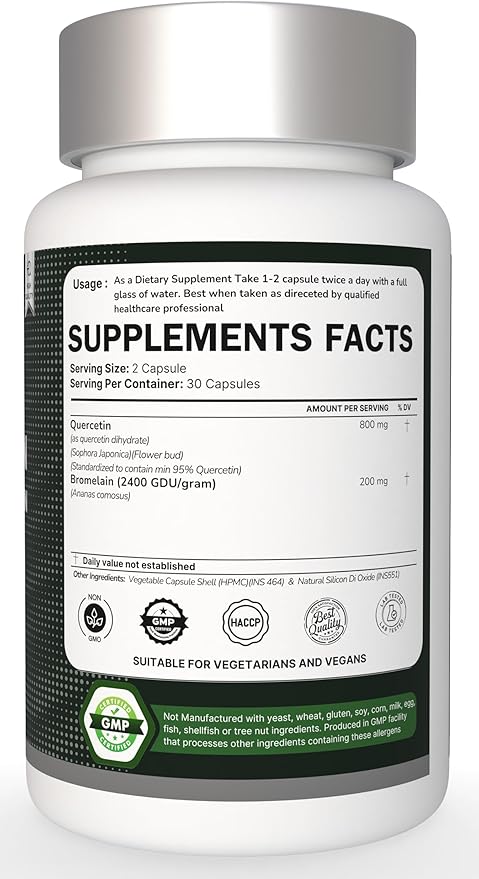 500mg Quercetin with Bromelain Capsules: Respiratory Support Non-GMO | Gluten Free | Supports Overall Health &amp Well Being (60 Capsules)