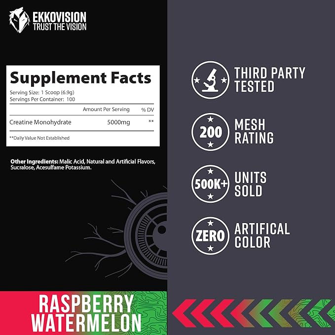 Ekkovision Creatine Monohydrate Powder Micronized Raspberry Watermelon Pre &amp Post Workout Supplement for Men and Women Energy Support Easy to Mix in Shakes Smoothies &amp Beverages 100 Ser