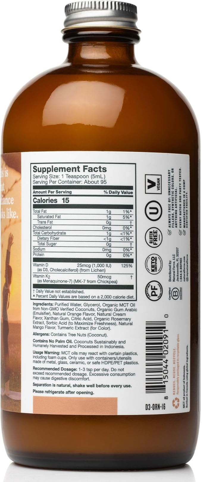 Natural Force Pure Vitamin D – Liquid D3 &amp K2 with Coconut MCT –1000 IU Immunity &amp Nutrient Absorption Booster- Vegan - Orange Cream 16 fl oz