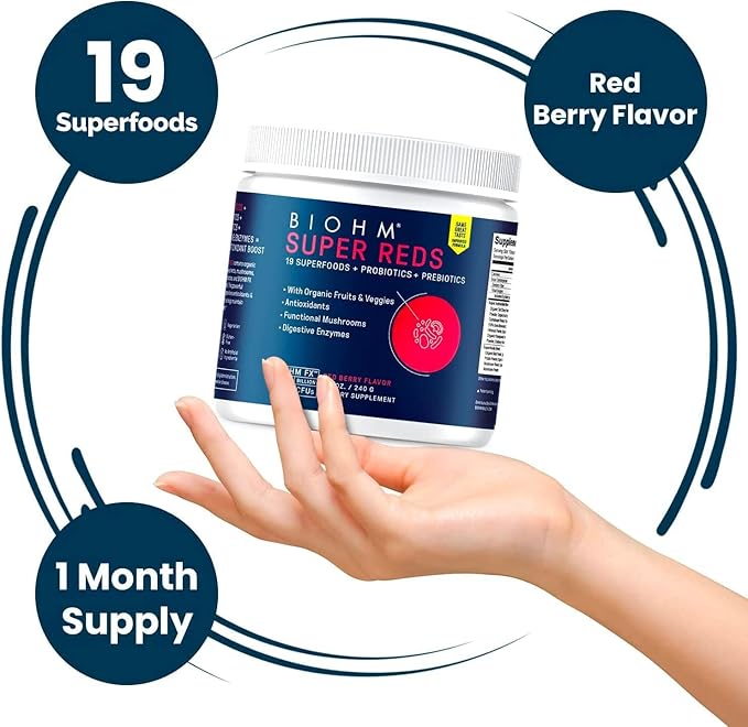 BIOHM Super Reds Beet Root Powder Antioxidant Smoothie Mix with Tart Cherry Extract and 19 Red Whole Foods Packed with Prebiotics and Probiotics Non-GMO Red Berry Flavor 30 Servings
