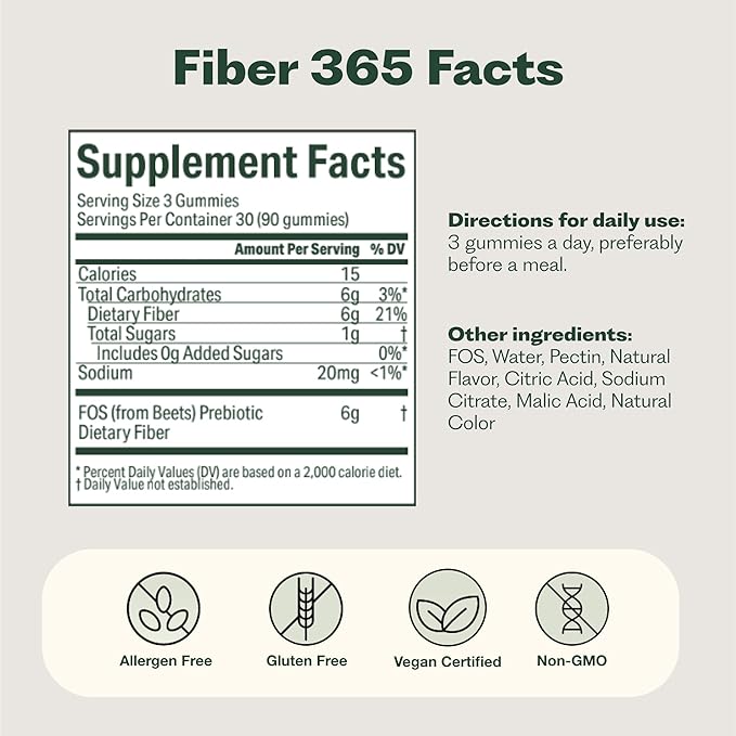 Fiber 365 Gummies Fiber Gummies for Adults | Digestive &amp Immune Support Prebiotic Fiber Supplement from Beets | Supports Gut Health | No Sugar Added Mixed Fruit Flavor | 30 Servings