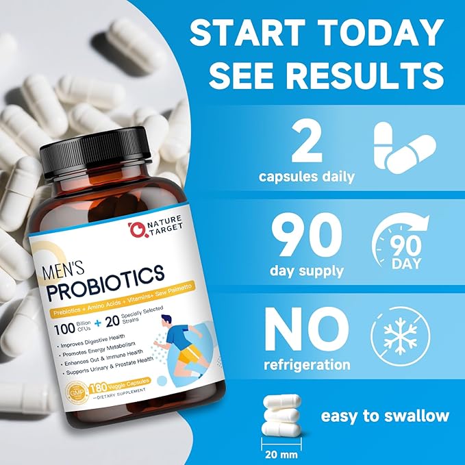 NATURE TARGET Probiotics for Men 100 Billion CFUs Probiotics for Digestive Health with Enzymes &amp Prebiotics 180 Veg Capsules Mens Probiotic for Gut &amp Bloating with Saw Palmetto for Prostat