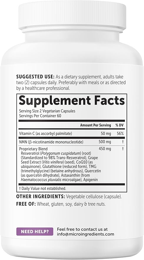 Micro Ingredients NMN Complex 1000mg Per Serving 120 Veggie Capsules | 10-in-1 with Nicotinamide Mononucleotide Resveratrol CoQ10 Quercetin &amp Glutathione | NAD+ Supplement Precursor | Filler F