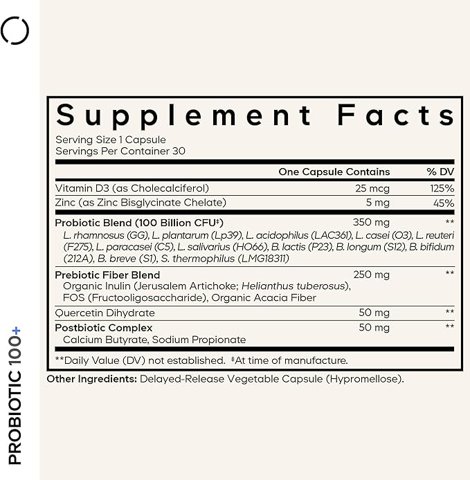 Codeage Probiotic+ 100 Billion CFU Supplement - 12-Strain Probiotic Blend Organic Prebiotic Fiber Postbiotics Vitamin D3 Zinc Bisglycinate Quercetin - for Men &amp Women - Non-GMO- 30 Capsules