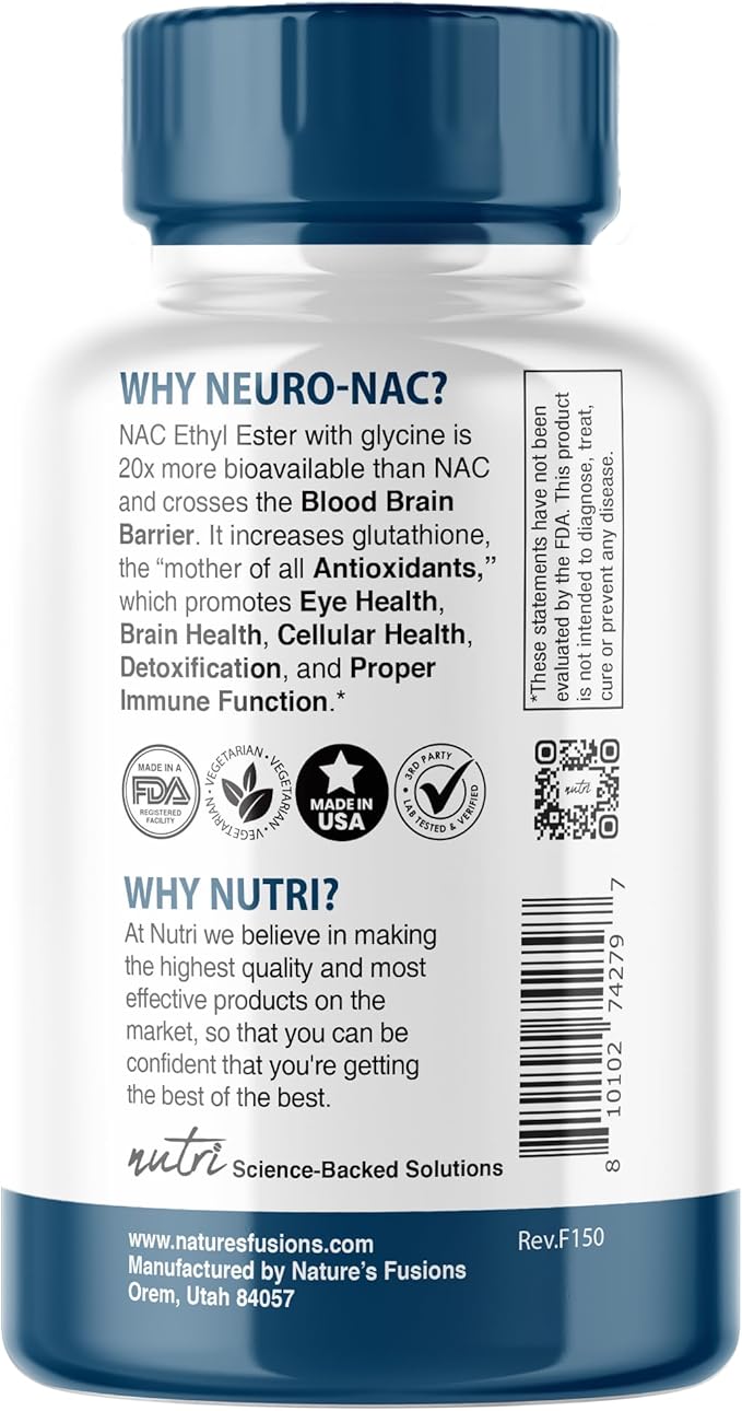 Nutri Neuro NAC Supplement 375mg Extra Strength with 1800mg Glycine - N-Acetyl Cysteine Ethyl Ester - 20x More Bioavailable - Boost Glutathione 10x More - 90 Vegan Capsules - 3rd Party Tested