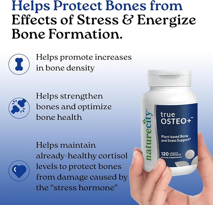 NatureCity True-Osteo+ Bone Support with Ashwagandha – for Strength &amp Density – Plant-Based Calcium with Organic AlgaeCal Magnesium Vitamin D3 K2 Silicon &amp Stress Support | 240 Veggie Caps