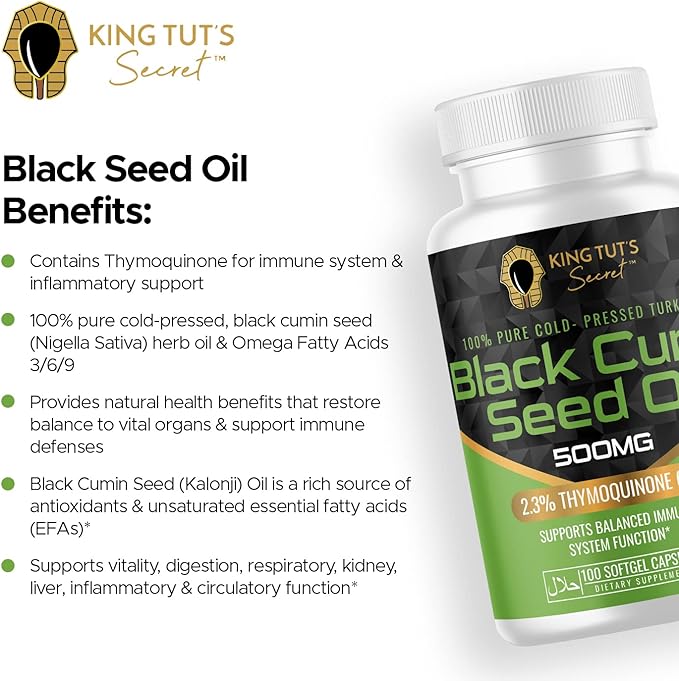KING TUT'S SECRET Black Seed Capsules - 500 mg 100 Softgels - Nigella Sativa Extract Black Cumin Supplement for Hair Antioxidant Support Immune System - Halal Black Seed Cumin Oil Capsules