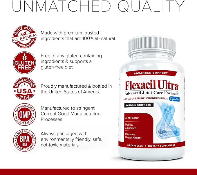 (3 Bottles Maximum Strength Joint Health &amp Support Supplement | Glucosamine Chondroitin Hyaluronic Acid &amp MSM | Flexibility Support for Healthy Knee &amp Back. 60 Capsules Each