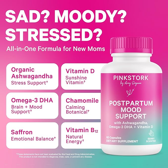 Pink Stork Postpartum Mood Support - Postnatal Hormone Balance for Women - Breastfeeding Friendly New Mom Essentials - Ashwagandha Chamomile &amp Vitamin D - Stress &amp Mood 60 Capsules