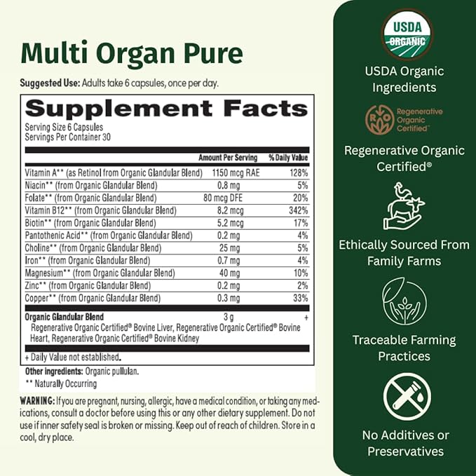 Multi Organ Pure – Regenerative Organic Certified Grass-Fed Organ Blend – Liver Heart &amp Kidney for Energy Detox &amp Metabolic Support – with AB22 Probiotic – 180 Capsules