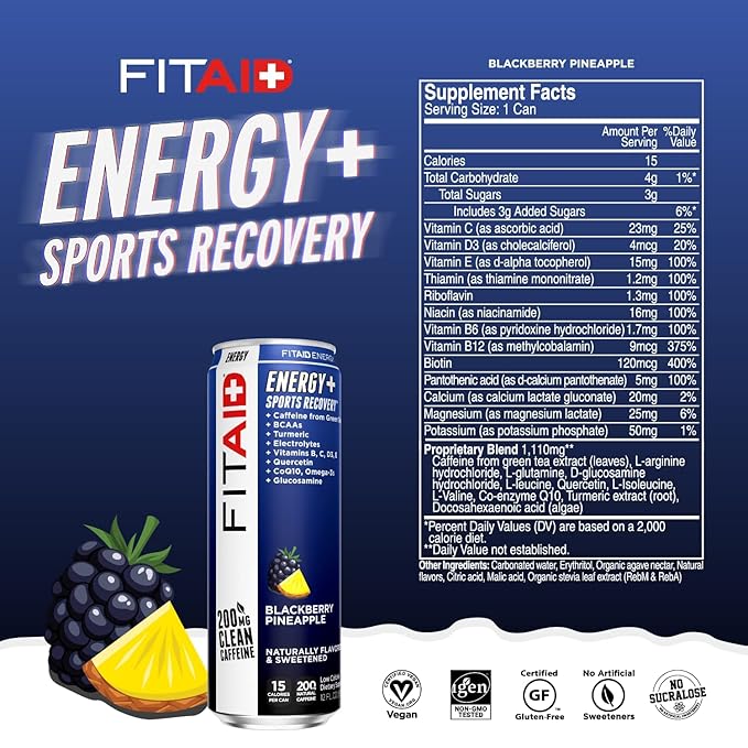 LIFEAID FITAID Energy Drink 200mg Natural Caffeine Keto 15 Calories Variety Pack BCAAs Quercetin Electrolytes Omega-3s Paleo Vegan &amp Gluten-Free 12-oz. cans (Pack of 24)