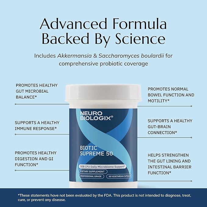 Neurobiologix Biotic Supreme 50 50 Billion CFU Probiotics with Akkermansia Saccharomyces boulardii Prebiotic Supports Gut Flora Microbial Digestive &amp Immune Health 30 Capsules