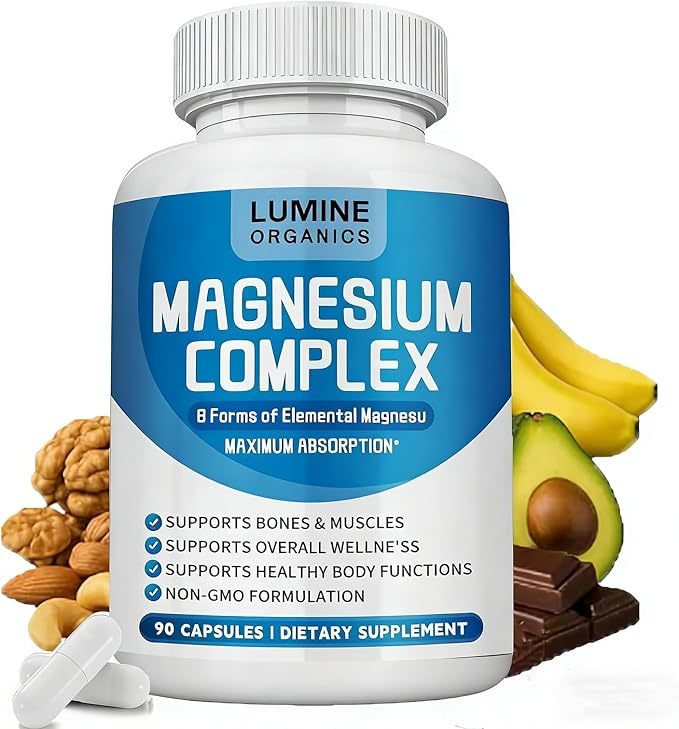 1PCSLumine Organics Magnesium Complex Supplement 1000mg - Advanced 8-in-1 Magnesium Blend - Glycinate Citrate Malate Taurate etc.– High Absorption Formula – Non-GMO 90 Capsules (1)