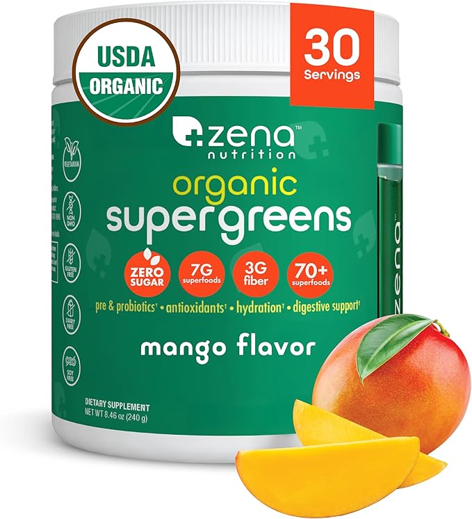 Zena Nutrition Organic Super Greens Powder 70+ Superfoods 0 Sugar 3G Fiber Spirulina Chlorella Mushrooms Prebiotics/Probiotics Digestive Enzymes for Gut Health Mango 30 Servings