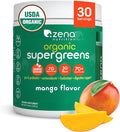 Zena Nutrition Organic Super Greens Powder 70+ Superfoods 0 Sugar 3G Fiber Spirulina Chlorella Mushrooms Prebiotics/Probiotics Digestive Enzymes for Gut Health Mango 30 Servings