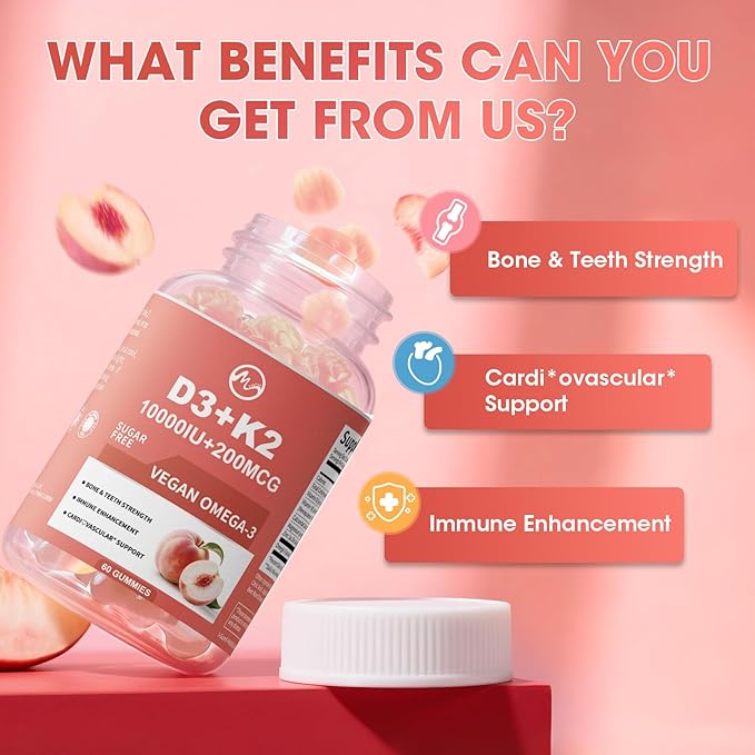 M inch Vitamin D3 K2 Gummies Vitamin D3 10000IU K2 (MK-7) 200mcg 6-in-1 Vitamina D3 Con K2 Supplement with Omega-3 Magnesium and Calcium for Bones Teeth &amp Immune Support Sugar Free 2 Packs