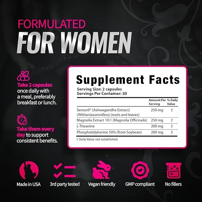 Cortisol Support for Women - Stress &amp Mood Balance Supplement with Sensoril® Ashwagandha Magnolia Bark L-Theanine &amp Phosphatidylserine - Supports Calm Focus &amp Sleep Quality (60 Vegan Ca