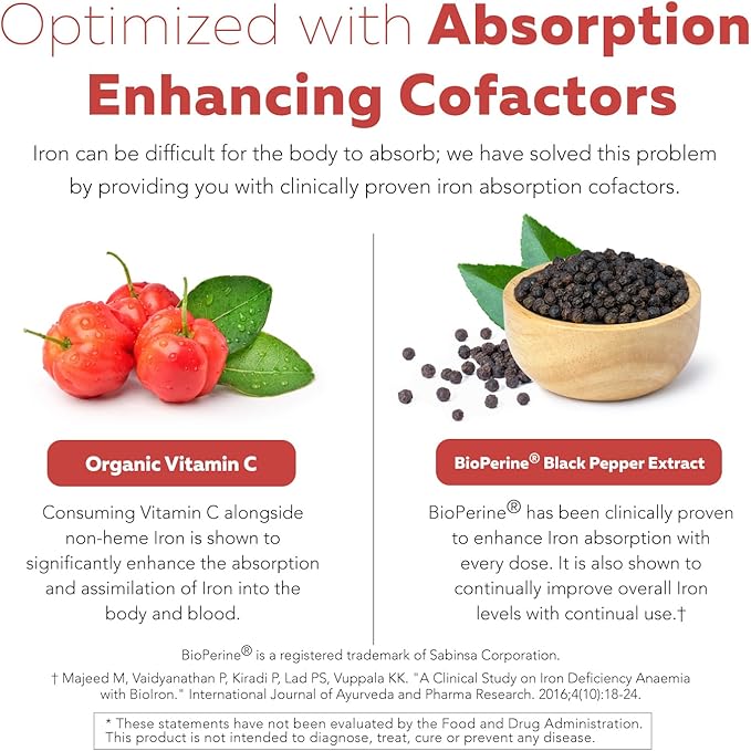 Organic Iron Supplement | Whole Food Mineral &amp Cofactors 25 mg Elemental | Enhanced Absorption Plus Blood Health Vitamins – Gentle Form – Supports Healthy Levels &amp Blood Health – 90 Capsules