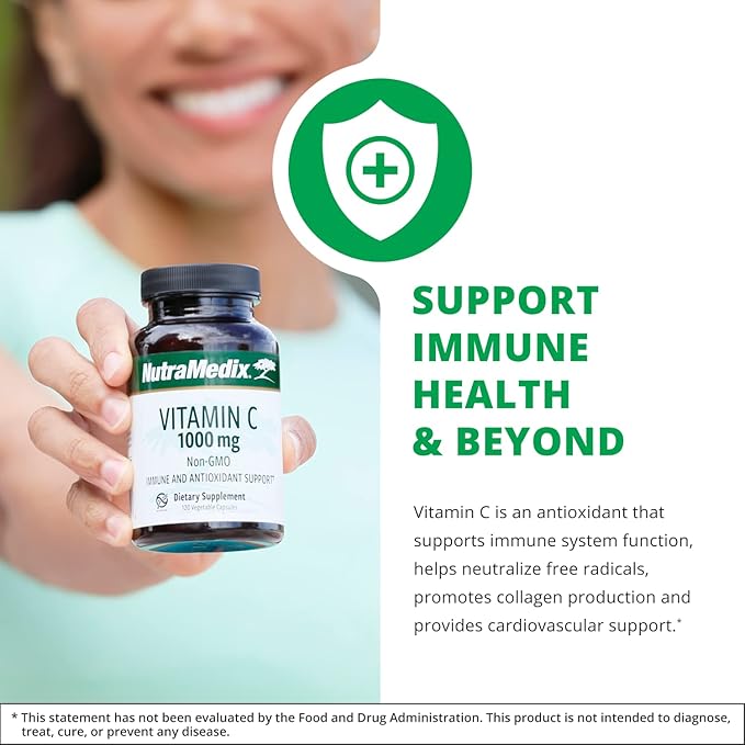 NutraMedix Vitamin C 1000mg - Antioxidants Supplement for Immune Support &amp Heart Health - Vitamin C from Ascorbic Acid - Vegan Non-GMO (120 Vegetarian Capsules)