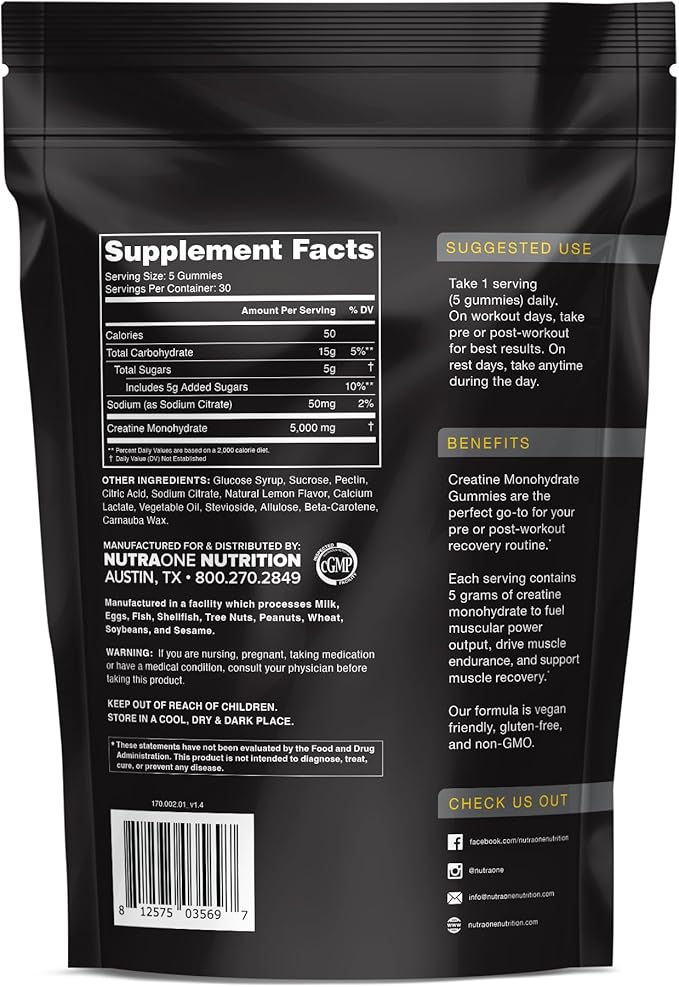 NutraOne Creatine Monohydrate Gummies Pre- and Post Workout Recovery Fuel Muscular Performance Increase Endurance Support Muscle Recovery