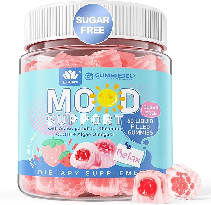 Ashwagandha Saffron Calm Gummies + Omega 3 L-Theanine &amp CoQ10 for Women Men Natural Calming Happy Relax Gummies for Adults Mood Support Supplement Gummy Strawberry Flavor Sugar Free Vegan 6