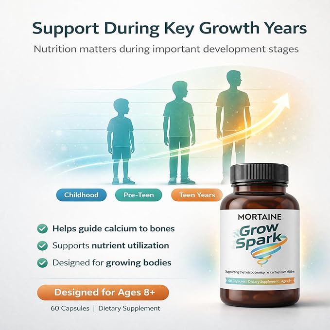 WNW Mortaine Grow Spark Kids Growth Support Supplement Bone Development &amp Nutrient Absorption Formula for Children &amp Teens 60 Capsules Ages 8+