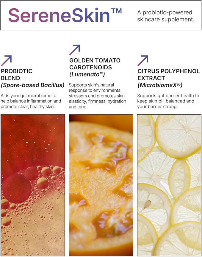 Microbiome Labs SereneSkin - Spore Based Probiotic Complex with Citrus Polyphenols for Skin Clarity &amp Gut Health Support - Daily Probiotic Skincare - Soothe The Gut-Skin Axis (60 Capsules)