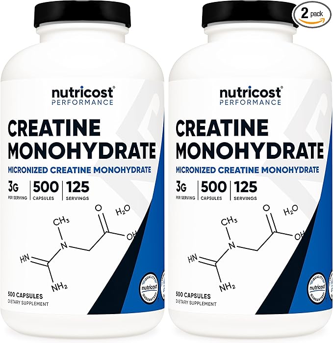 Nutricost Micronized Creatine Monohydrate 3000mg 500 Capsules 125 Servings 750mg of Creatine Monohydrate Per Capsule (Pack of 2)