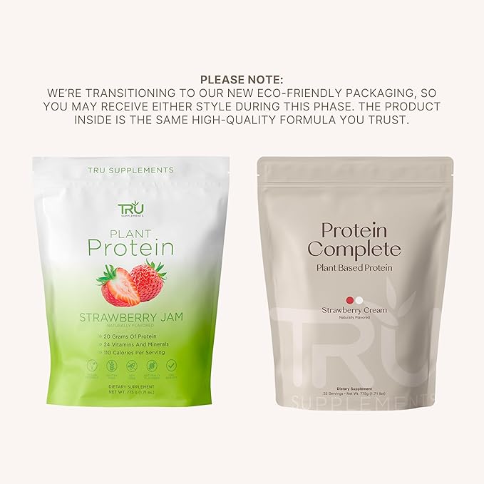 TRU Supplements Plant Based Protein Powder BCAA EAA 20g Vegan Brown Rice &amp Pea Protein 100 Calories 27 Vitamins No Artificial Flavors 25 Servings (Strawberry Cream)