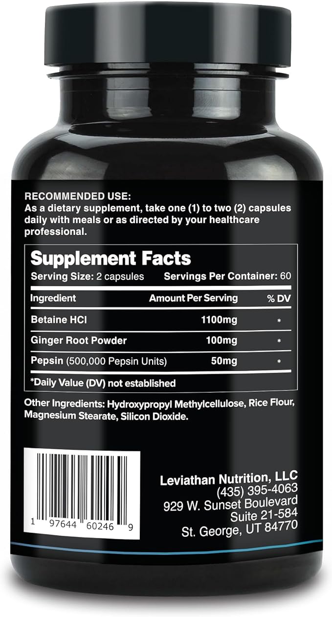 Leviathan Betaine HCl with Pepsin &amp Ginger - Digestive Enzymes Supplement for Digestion Aid &amp Support Stomach Acid &amp Nutrient Absorption