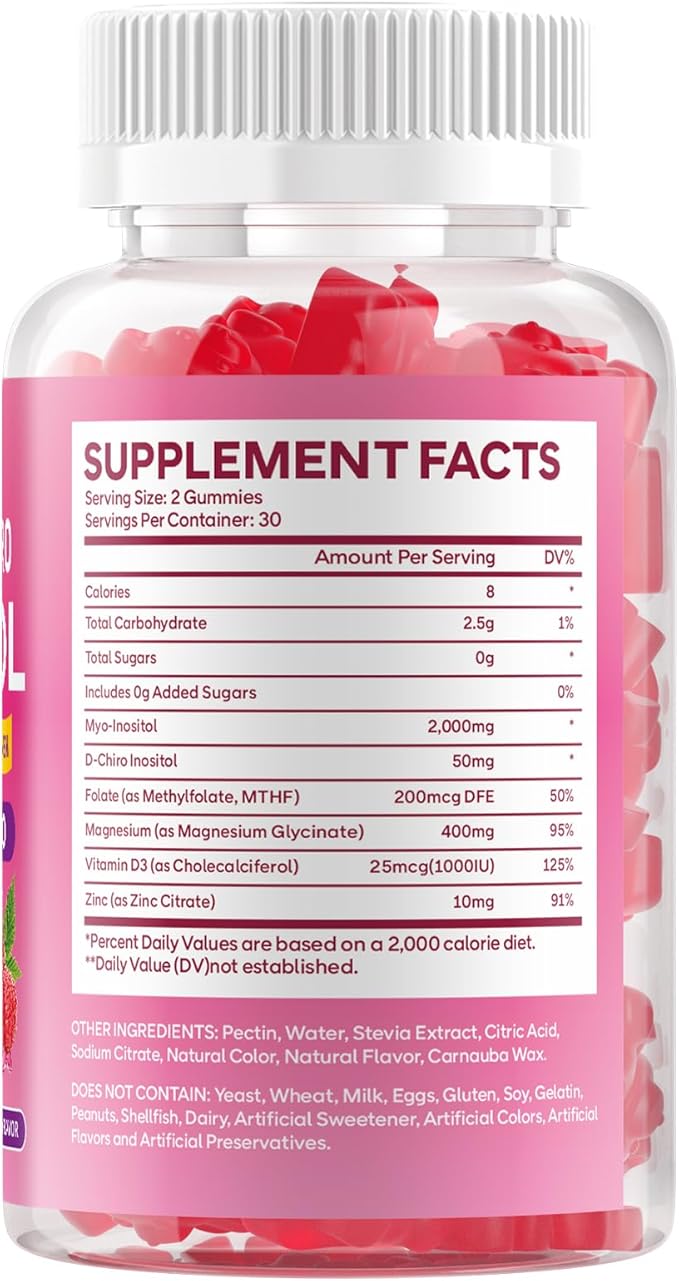 2 Pack Myo-Inositol &amp D-Chiro Inositol Gummies for Women 2000mg + 50mg Ideal 40:1 Ratio with Vitamin D3 Magnesium Glycinate Folate &amp Zinc for Female Raspberry Flavor 120 Count