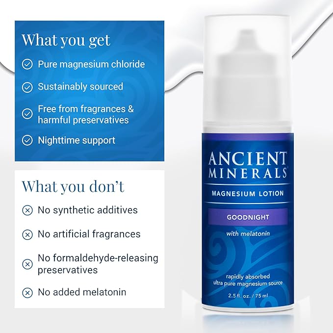 Ancient Minerals Magnesium Lotion Goodnight – Zechstein Magnesium Chloride Cream with Melatonin MSM and Organic Oils Nighttime Topical Lotion 2.5 oz