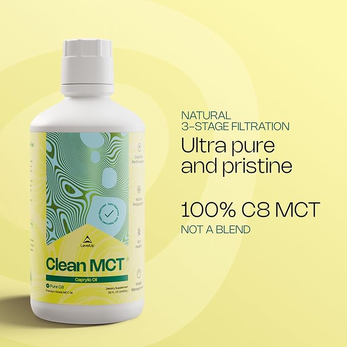 LevelUp C8 MCT Oil - 100% Pure Caprylic Acid (from Coconut) for Clean Energy &amp Focus - Keto-Friendly MCT Oil for Coffee - Non-GMO (32 oz)