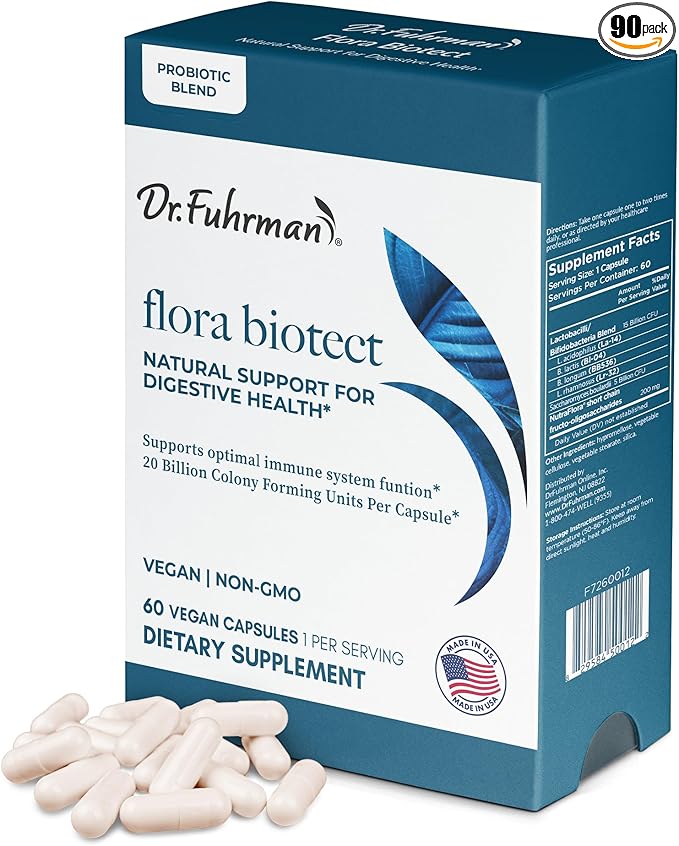 Dr. Fuhrman Prebiotic and Probiotic for Women &amp Men | Flora Biotect Natural Support for Digestive Health &amp Gut Biome | Provides Bloating Relief &amp Bowel Regularity | 20 Billion Live Strains