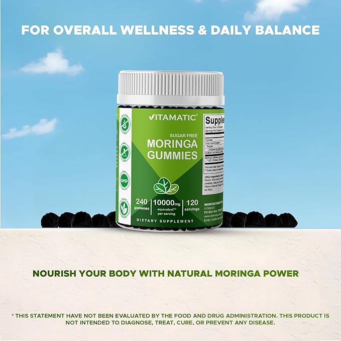 Vitamatic Moringa Gummies – Sugar-Free 50:1 Plant-Based Extract – Green Superfood – Pectin-Based Vegan Non-GMO – 240 Gummies