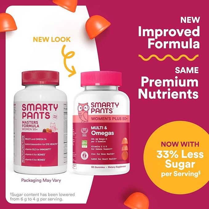 SmartyPants Multivitamin Gummy for Women 50 and Over Omega 3 (DHA/EPA) Methylfolate CoQ10 Vitamin D3 C Vitamin B12 B6 A K Biotin Gluten Free 90 Count (30 Day Supply)