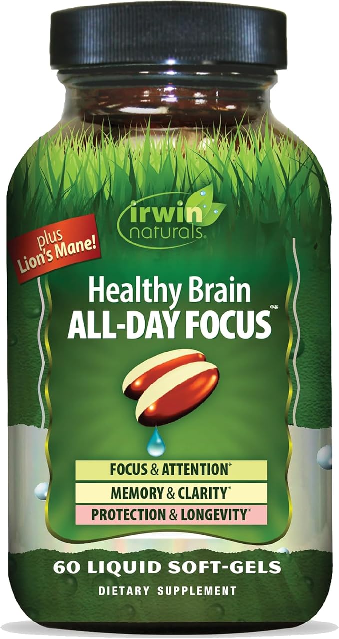 Irwin Naturals Healthy Brain All-Day Focus - 60 Liquid Soft-Gels - Boosts Mental Performance &amp Promotes Long-Term Brain Health - 30 Servings