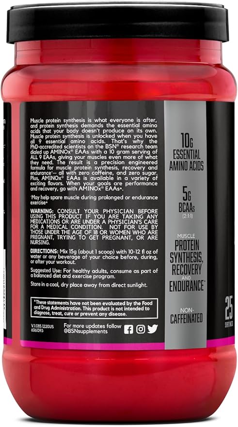BSN Amino X EAAs Muscle Recovery &amp Endurance 10g Essential Amino Acids 5g BCAAs Zero Sugar Caffeine Free Watermelon Splash 13.2oz 25 Servings