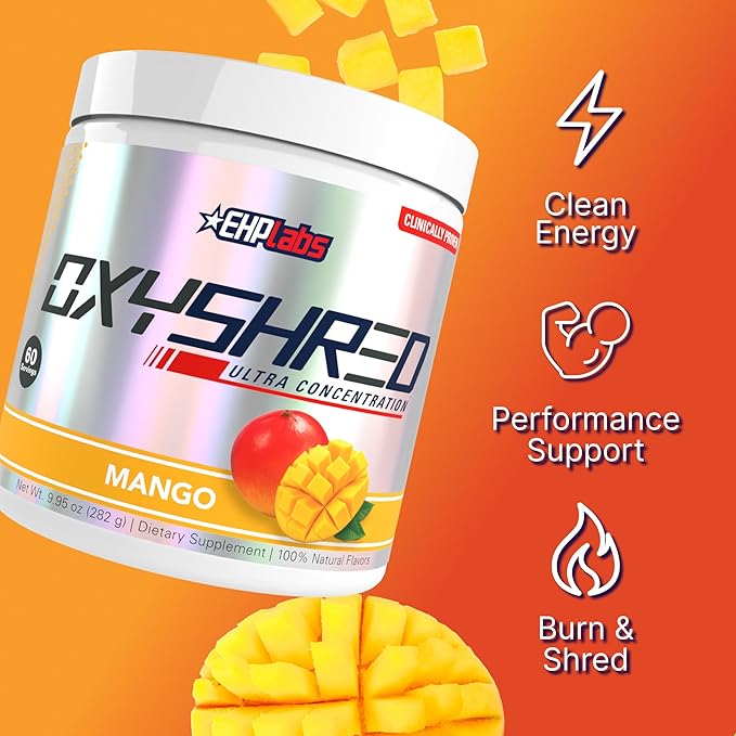 EHP Labs OxyShred Pre Workout Powder - Preworkout Powder with L Glutamine &amp Acetyl L Carnitine Energy Boost Drink - Mango 60 Servings