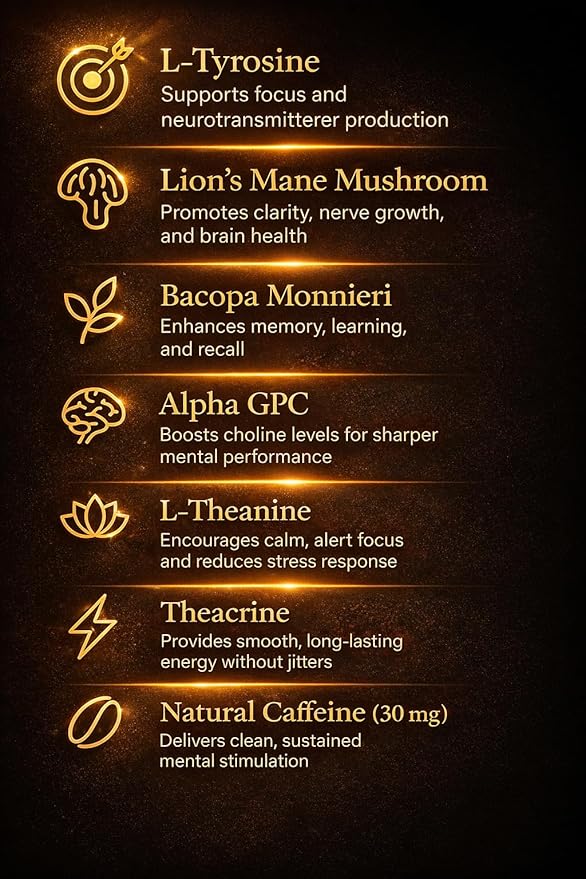 Best Brain Supplement for Memory and Focus - L-Theanine Lion's Main Vitamin B6 B12 D3 Folate L-Tyrosine Bacopa Monnieri Alpha GPC Theacrine 30mg of Natural Caffeine (60 Count)