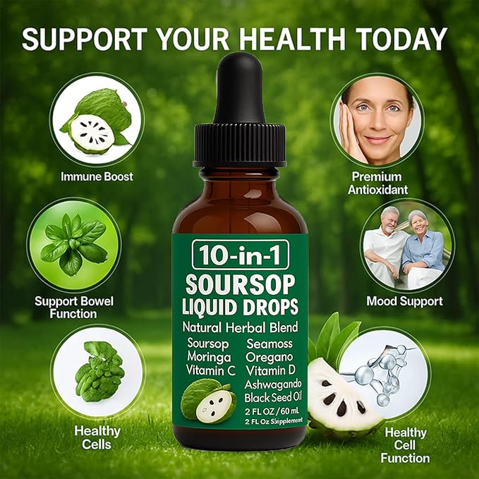 QIZFYZZ Soursop Natural Drops 10-in-1 Soursop Extract Drops with Sea Moss Moringa Turmeric Black Seed Oil Oregano Ashwagandha Immune Support | Improving Gut Health | Heart Health 2 Fl Oz (2)