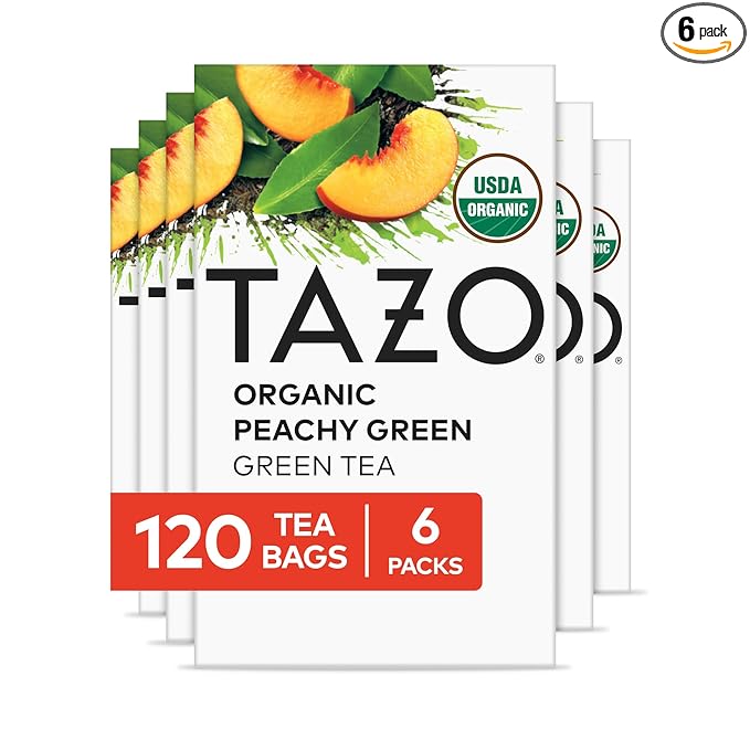 TAZO Organic Peachy Green Tea Bags Green &amp Black Tea Blend with Sweet Peach Flavor Caffeinated Tea 120 Total Bags (20ct - Pack of 6)