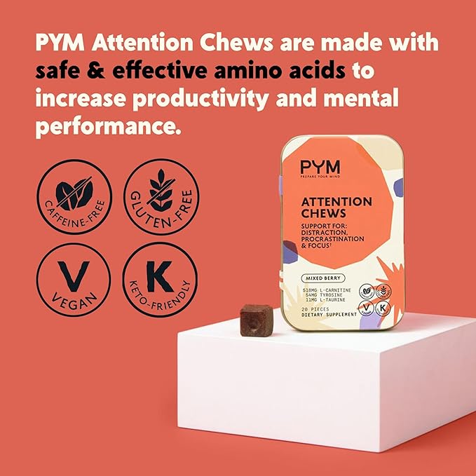 PYM Mood &amp Focus Chews Variety Pack 60 Count | Berry &amp Citrus Mood Chews + Attention Chews | GABA L-Theanine L-Carnitine | Vegan Non-GMO Caffeine-Free