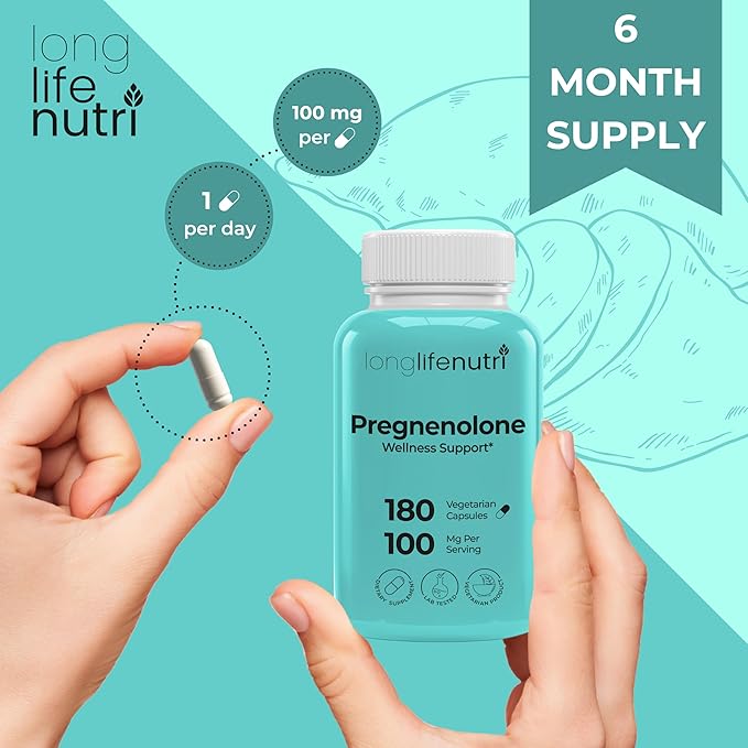 Brain &amp Hormone Support Pregnenolone - 180 Veggie Caps for Enhanced Memory Focus &amp Vitality - Made in USA