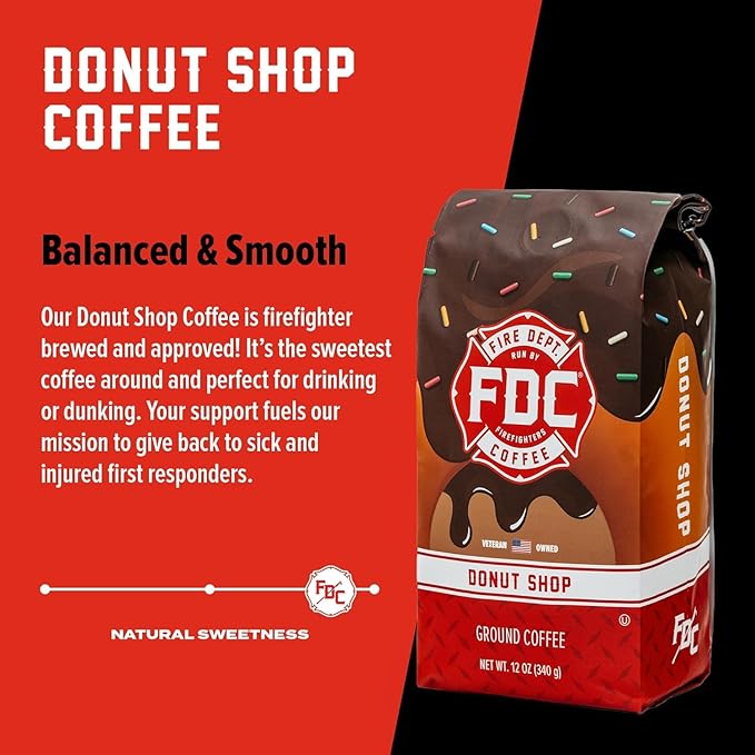 Fire Department Coffee - Gives Back to Firefighters - Donut Shop Coffee Beans - Sweet &amp Smooth - Medium Roast - Roasted in the USA - Veteran Owned (12 oz Pack of 2)