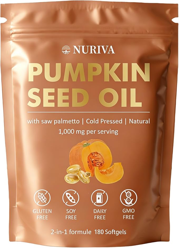 NURIVA Pumpkin Seed Oil with Saw Palmetto – Cold Pressed Pure Virgin Oil Rich in Essential Fatty Acids &amp Phytosterols – Supports Hair Urinary &amp Prostate Health – Non-GMO 100% Natural(1pc)