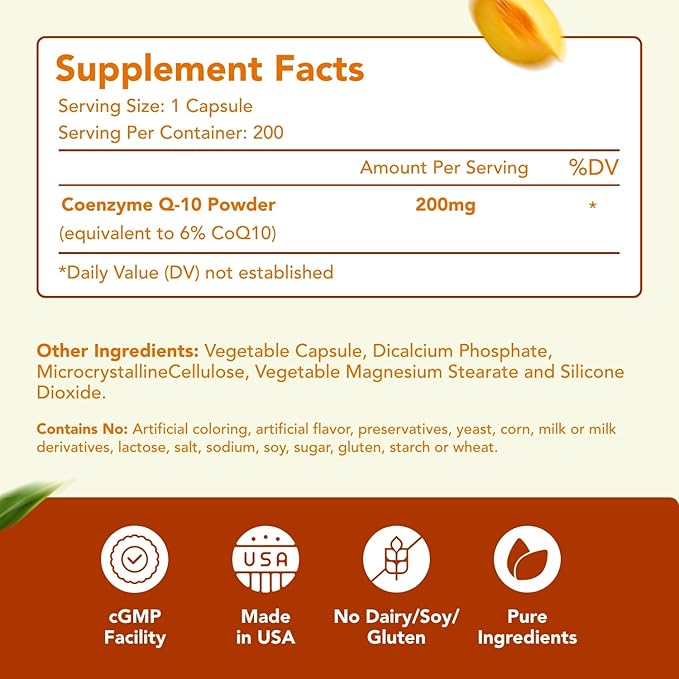 Coenzyme Q10 200mg CoQ10 Supplement -Once Daily CoQ10 200mg Powder Capsules for Heart Health Antioxidant &amp Energy Support -Non-GMO Quick Absorption Ubiquinone Q10 Coenzyme (Single)